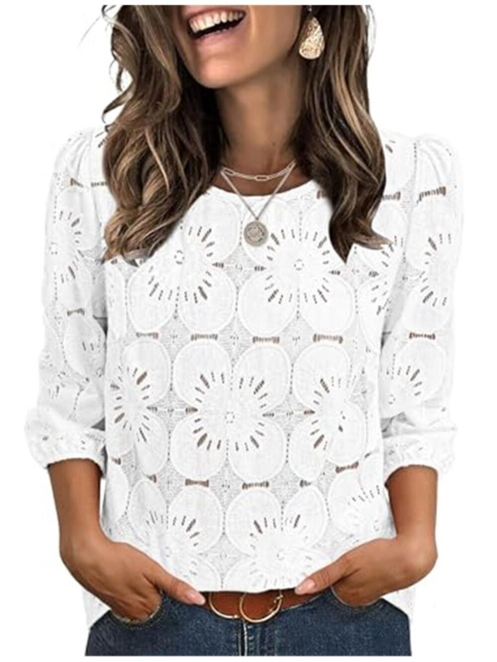 White Floral Eyelet Lace Blouse 3/4 Sleeve Dressy Casual Top